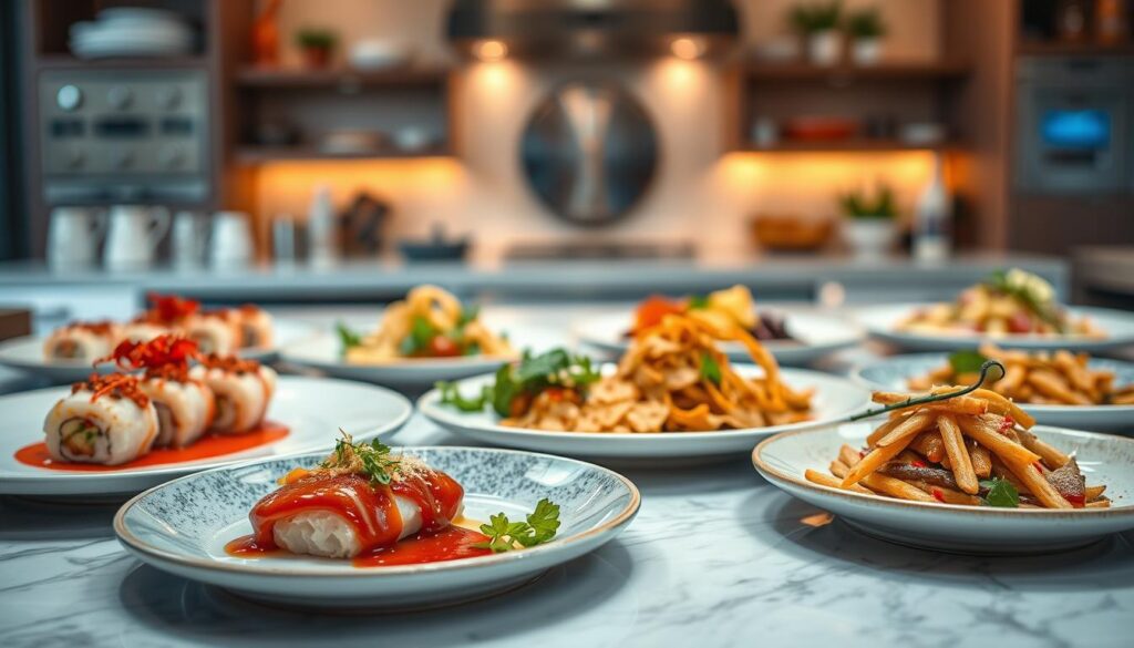A beautifully arranged table showcasing an assortment of standout dishes, each plate artfully presented to emphasize vibrant colors and textures. In the foreground, close-up details reveal glistening sauces and garnishes on a gourmet dish that captures the essence of culinary art. In the middle ground, several plates displaying diverse cuisines, such as sushi, pasta, and a gourmet vegetarian salad, create a stunning visual contrast. The background features a softly blurred kitchen environment with warm, ambient lighting that adds a cozy and inviting atmosphere. The scene is captured from a slightly elevated angle, allowing for an overview of the selection process, embodying creativity and professionalism. The mood is sophisticated yet approachable, perfect for inspiring chefs or food enthusiasts curating their signature dishes portfolio.