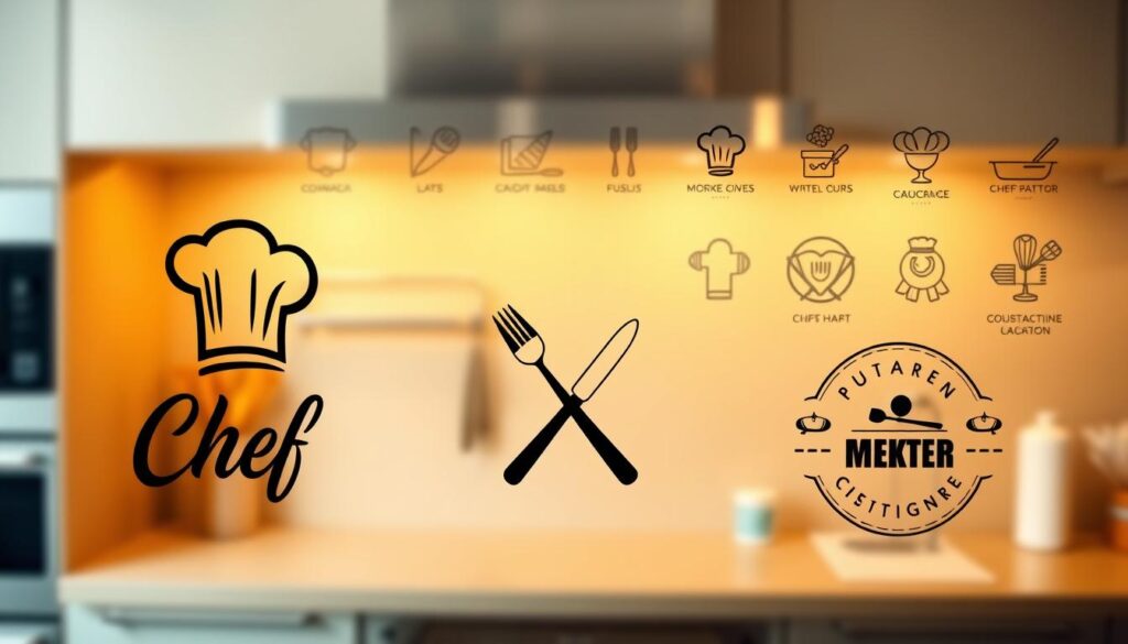 A collection of creative chef logo designs, showcasing diverse styles and concepts. In the foreground, feature three logo examples, each unique: one with a chef's hat integrated into a sleek script font, another displaying a fork and knife crossed elegantly, and the last utilizing a vintage badge style with culinary elements. In the middle ground, softly blurred outlines of additional logo ideas can be seen, emphasizing variety. The background should be a warm-toned kitchen setting, hinting at a professional atmosphere. Utilize soft, diffused lighting to create a welcoming ambiance, and consider a slightly overhead angle to capture both the logos and the kitchen environment harmoniously. The mood should be contemporary and inviting, highlighting creativity in culinary branding.