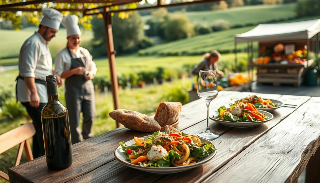 A cozy outdoor dining setting showcasing a seasonal chef's menu in collaboration with local farmers and artisans. In the foreground, a rustic wooden table is elegantly set with fresh dishes featuring vibrant, locally sourced vegetables and artisanal bread, with a bottle of wine and glasses nearby. The middle ground features a chef and a local farmer interacting, both dressed in professional attire, discussing the menu with enthusiasm. In the background, there are lush green fields and a small farmer's market stall, filled with colorful produce under soft, natural lighting that casts a warm glow over the scene. The atmosphere is inviting and collaborative, reflecting a community spirit of partnership and seasonal celebration. A cozy outdoor dining setting showcasing a seasonal chef's menu in collaboration with local farmers and artisans. In the foreground, a rustic wooden table is elegantly set with fresh dishes featuring vibrant, locally sourced vegetables and artisanal bread, with a bottle of wine and glasses nearby. The middle ground features a chef and a local farmer interacting, both dressed in professional attire, discussing the menu with enthusiasm. In the background, there are lush green fields and a small farmer's market stall, filled with colorful produce under soft, natural lighting that casts a warm glow over the scene. The atmosphere is inviting and collaborative, reflecting a community spirit of partnership and seasonal celebration.
