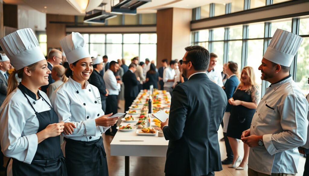 A lively networking event featuring diverse chefs in professional attire, gathered in an upscale kitchen setting. In the foreground, a group of three chefs, two women and one man, share a laugh while exchanging business cards, showcasing their camaraderie. The middle section shows a long banquet table adorned with culinary creations, as other chefs engage in conversations, networking and sharing ideas. In the background, large windows let in warm, natural light, illuminating the scene, creating a vibrant and inviting atmosphere. The overall feel is one of collaboration and excitement, emphasizing the importance of maintaining professional relationships within the private chef industry. The image should be captured from a slightly elevated angle, focusing on the interactions amongst the chefs.