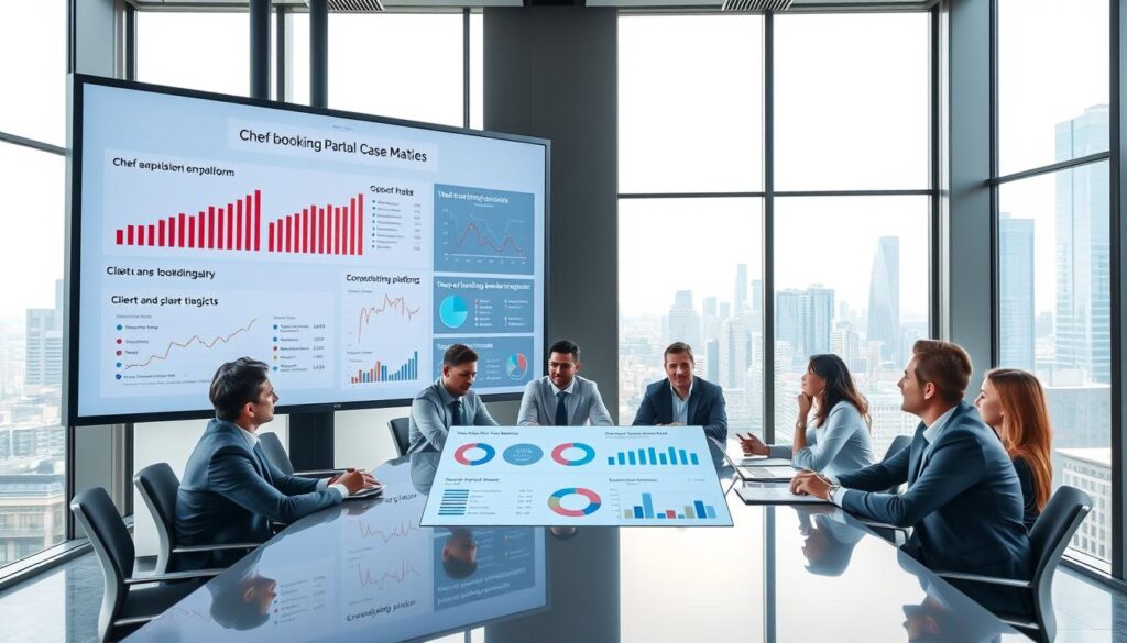 A modern, sleek conference room with a large digital presentation screen displaying various analytics and case studies related to chef booking platforms. In the foreground, a diverse group of professionals in business attire are gathered around a polished table, analyzing data. The middle ground features detailed charts and graphs highlighting key metrics like client acquisition and engagement rates. In the background, large windows let in natural light, showcasing a cityscape outside, creating a vibrant atmosphere. The scene conveys a sense of collaboration and innovation, with soft, focused lighting to emphasize the screens and expressions of the participants. The angle captures the dynamic interaction among team members as they discuss strategies. A modern, sleek conference room with a large digital presentation screen displaying various analytics and case studies related to chef booking platforms. In the foreground, a diverse group of professionals in business attire are gathered around a polished table, analyzing data. The middle ground features detailed charts and graphs highlighting key metrics like client acquisition and engagement rates. In the background, large windows let in natural light, showcasing a cityscape outside, creating a vibrant atmosphere. The scene conveys a sense of collaboration and innovation, with soft, focused lighting to emphasize the screens and expressions of the participants. The angle captures the dynamic interaction among team members as they discuss strategies.
