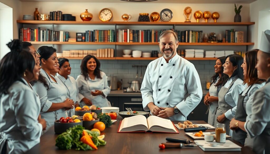 A professional chef, dressed in a crisp white chef's coat and black trousers, stands confidently at the center of a well-lit kitchen filled with vibrant ingredients and cooking equipment. In the foreground, a group of diverse chefs of various ethnicities engage enthusiastically in discussion, highlighting their camaraderie and collaboration. The middle ground showcases a large dark wooden table laden with fresh produce, cookbook, and culinary tools, symbolizing shared knowledge and resources. In the background, shelves filled with cookbooks and culinary awards create a sense of accomplishment and dedication. The lighting is warm and inviting, with soft shadows enhancing the friendly atmosphere. The scene captures the mood of networking and community, filled with energy and professionalism, reflecting the benefits of chef associations in the private chef industry.