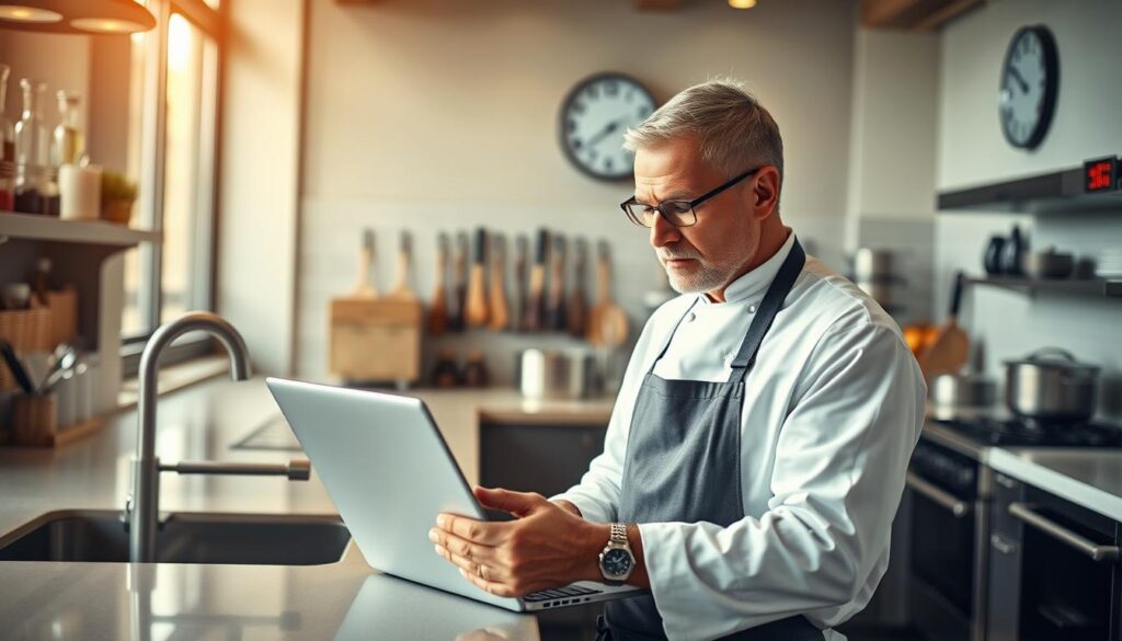 A professional chef in a sleek, modern kitchen setting, focused on managing bookings on a laptop. The foreground features the chef, a middle-aged individual wearing a crisp white chef's coat and a professional apron, intently reviewing a booking platform. In the middle ground, the kitchen includes polished countertops, stainless steel appliances, and organized cooking tools. The background shows a wall of spices and a digital clock, providing a sense of time management. Warm, natural lighting streams through a window, creating an inviting atmosphere. The image captures the essence of professionalism and organization, highlighting the chef's dedication to attracting new clients through effective booking strategies. Choose a slightly elevated angle for a dynamic view, emphasizing the chef's concentration and the workspace's efficiency.