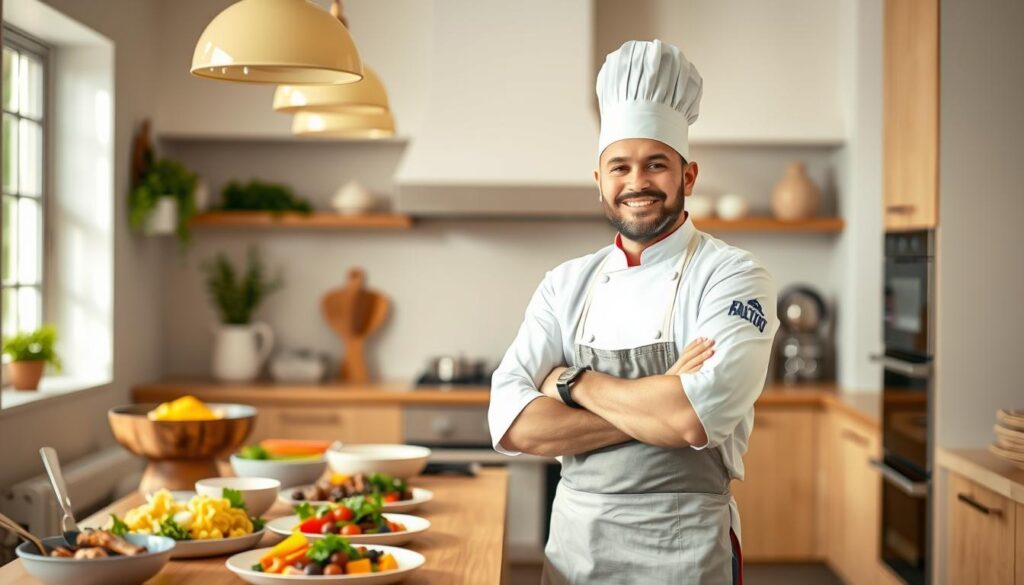 A professional chef stands confidently in a bright, well-equipped kitchen, showcasing their trustworthy brand. In the foreground, the chef, wearing a crisp white uniform and a stylish apron, engages with the viewer, exuding warmth and approachability. The middle ground features a beautifully arranged table with vibrant, colorful dishes that highlight the chef's culinary skills, enhancing the theme of credibility. In the background, the kitchen is clean and organized, with soft, natural lighting that creates an inviting atmosphere. A subtle depth of field adds focus to the chef and dishes, while warm, soft lighting casts gentle shadows, evoking a sense of professionalism and reliability. The overall mood is inspiring and encouraging, perfect for those looking to build their personal chef brand. A professional chef stands confidently in a bright, well-equipped kitchen, showcasing their trustworthy brand. In the foreground, the chef, wearing a crisp white uniform and a stylish apron, engages with the viewer, exuding warmth and approachability. The middle ground features a beautifully arranged table with vibrant, colorful dishes that highlight the chef's culinary skills, enhancing the theme of credibility. In the background, the kitchen is clean and organized, with soft, natural lighting that creates an inviting atmosphere. A subtle depth of field adds focus to the chef and dishes, while warm, soft lighting casts gentle shadows, evoking a sense of professionalism and reliability. The overall mood is inspiring and encouraging, perfect for those looking to build their personal chef brand.