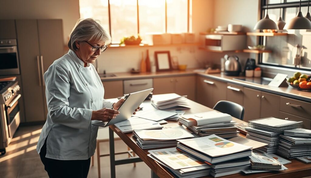 A professional personal chef in a modern culinary office setting, examining competitor pricing research on a sleek laptop. The foreground features the chef, a middle-aged woman in a smart chef's jacket and black pants, deeply focused and taking notes on a notepad. In the middle, a cluttered desk displays spreadsheets, charts, and culinary magazines, all bathed in warm, natural light streaming through a large window. The background shows a well-organized kitchen with high-end appliances and fresh ingredients on display, enhancing the idea of professionalism and culinary expertise. The overall mood is one of determination and strategic planning, reflecting a bustling yet organized workspace. The camera angle is slightly elevated, capturing the chef in action and the details of her environment.