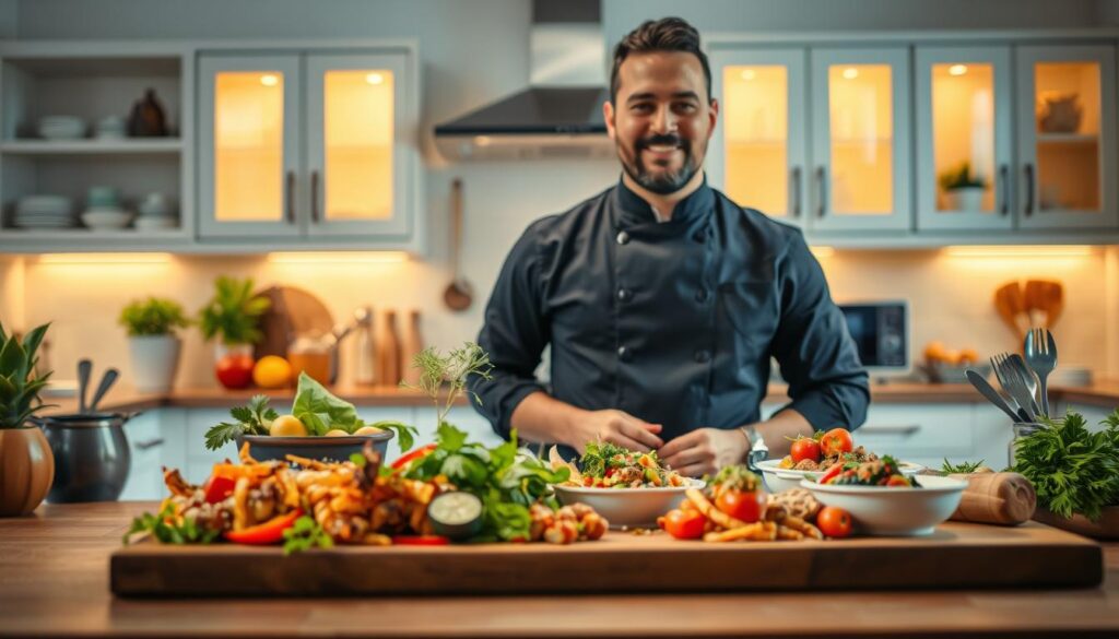 A professional personal chef standing confidently in a modern kitchen, surrounded by fresh ingredients and cooking tools, conveying a sense of warmth and professionalism. In the foreground, a beautifully arranged platter of colorful, gourmet dishes highlights the chef's culinary artistry. The middle ground features a sleek wooden table with neatly arranged spices, herbs, and cooking utensils, suggesting a story of passion and creativity. The background displays bright, inviting kitchen cabinets, softly illuminated by warm, natural lighting that creates a cozy and engaging atmosphere. A shallow depth of field adds focus to the chef and the vibrant food scene, emphasizing the narrative of a personal chef building a brand through storytelling, showcasing their unique culinary journey. A professional personal chef standing confidently in a modern kitchen, surrounded by fresh ingredients and cooking tools, conveying a sense of warmth and professionalism. In the foreground, a beautifully arranged platter of colorful, gourmet dishes highlights the chef's culinary artistry. The middle ground features a sleek wooden table with neatly arranged spices, herbs, and cooking utensils, suggesting a story of passion and creativity. The background displays bright, inviting kitchen cabinets, softly illuminated by warm, natural lighting that creates a cozy and engaging atmosphere. A shallow depth of field adds focus to the chef and the vibrant food scene, emphasizing the narrative of a personal chef building a brand through storytelling, showcasing their unique culinary journey.