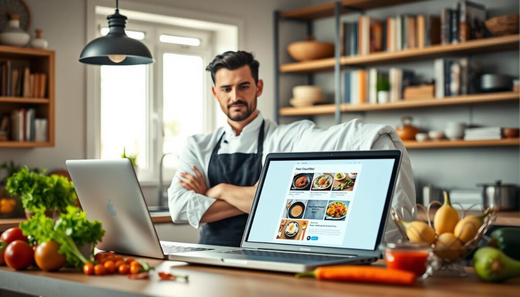 A skilled personal chef stands confidently in a modern, well-lit kitchen, surrounded by fresh ingredients and colorful spices, expertly crafting a personalized newsletter on a sleek laptop. The foreground captures the chef’s focused expression, dressed in professional attire, highlighting the importance of personalization in their work. In the middle of the scene, the open laptop displays an eye-catching email template, with vibrant food images and a warm, inviting color scheme. The background features shelves filled with cookbooks and kitchenware, suggesting an organized and creative environment. Soft, natural lighting pours in from a nearby window, creating an inspiring and motivating atmosphere that encourages innovation in email marketing for chefs.