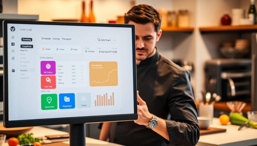 A sleek and modern online chef booking dashboard displayed on a high-resolution monitor. In the foreground, vibrant icons representing various features like scheduling, client messaging, and booking statistics are clearly visible. The middle layer showcases a professional-looking chef in business casual attire, engaged with the dashboard. Their expression is focused and confident, reflecting the efficiency of managing client bookings. In the background, a soft-focus kitchen environment adds a culinary touch, featuring a well-organized workspace with ingredients and utensils. The lighting is warm and inviting, creating a productive atmosphere. Capture the scene from a slight overhead angle to provide depth and context, ensuring that everything appears cohesive and professional, highlighting the theme of efficient booking management. A sleek and modern online chef booking dashboard displayed on a high-resolution monitor. In the foreground, vibrant icons representing various features like scheduling, client messaging, and booking statistics are clearly visible. The middle layer showcases a professional-looking chef in business casual attire, engaged with the dashboard. Their expression is focused and confident, reflecting the efficiency of managing client bookings. In the background, a soft-focus kitchen environment adds a culinary touch, featuring a well-organized workspace with ingredients and utensils. The lighting is warm and inviting, creating a productive atmosphere. Capture the scene from a slight overhead angle to provide depth and context, ensuring that everything appears cohesive and professional, highlighting the theme of efficient booking management.