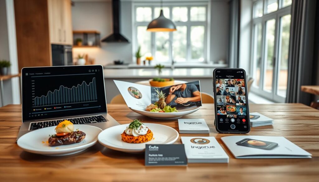 A stylish marketing branding portfolio layout displayed on a modern wooden desk, featuring beautifully plated signature dishes arranged on elegant white plates. In the foreground, a sleek laptop shows analytics graphs related to social media engagement, while a smartphone showcases a vibrant Instagram feed of photos. The middle of the image includes brochures and business cards featuring the logo and colors of the brand, all meticulously organized. The background features a bright, airy kitchen with soft natural light streaming through large windows, enhancing the inviting atmosphere. The mood is professional yet creative, emphasizing innovation in food presentation. Capture this scene from a slightly elevated angle to provide a comprehensive view of the marketing elements at play.