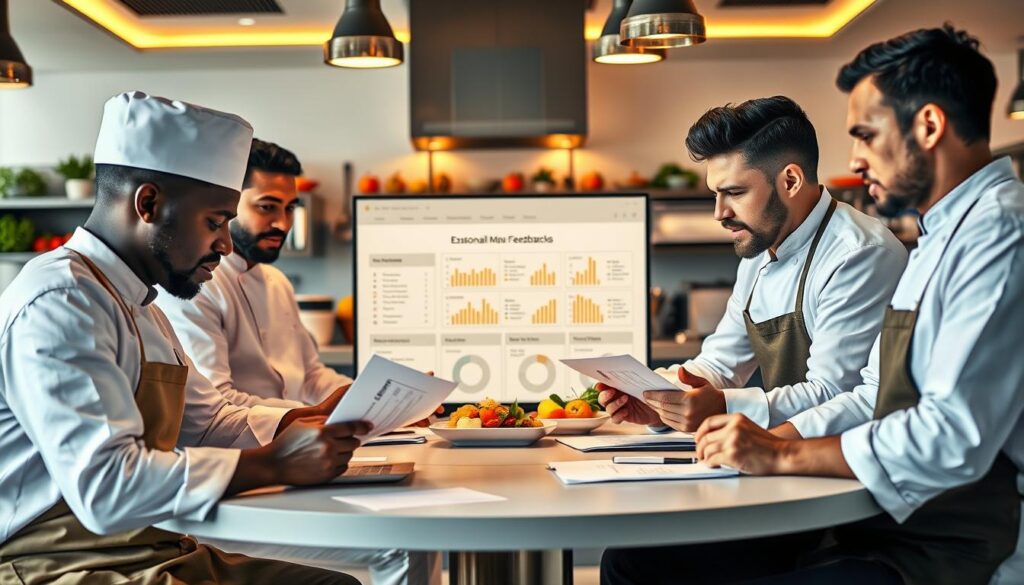A vibrant and dynamic scene depicting a group of chefs at a round table, deeply engaged in post-event feedback analysis. In the foreground, a diverse team of three chefs, dressed in professional white uniforms and aprons, are flipping through feedback forms and discussing insights earnestly. In the middle, an organized display of feedback charts and graphs on a screen, showcasing enthusiasts’ comments and ratings about a recent seasonal menu event. The background features a well-lit, modern kitchen adorned with fresh ingredients and cooking utensils, hinting at the creative atmosphere. Soft, warm lighting creates an inviting ambiance, emphasizing collaboration and problem-solving, while a slightly tilted angle captures the chefs’ expressions of determination and enthusiasm. The overall mood is focused yet positive, showcasing the importance of feedback in culinary excellence. A vibrant and dynamic scene depicting a group of chefs at a round table, deeply engaged in post-event feedback analysis. In the foreground, a diverse team of three chefs, dressed in professional white uniforms and aprons, are flipping through feedback forms and discussing insights earnestly. In the middle, an organized display of feedback charts and graphs on a screen, showcasing enthusiasts’ comments and ratings about a recent seasonal menu event. The background features a well-lit, modern kitchen adorned with fresh ingredients and cooking utensils, hinting at the creative atmosphere. Soft, warm lighting creates an inviting ambiance, emphasizing collaboration and problem-solving, while a slightly tilted angle captures the chefs’ expressions of determination and enthusiasm. The overall mood is focused yet positive, showcasing the importance of feedback in culinary excellence.