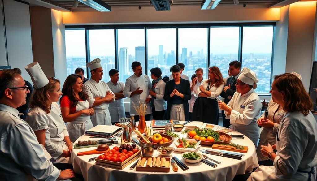 A vibrant scene showcasing a dynamic networking event for private chefs, set in a modern, well-lit conference room. In the foreground, a diverse group of chefs, including men and women of various ethnicities, actively engaging in conversation and exchanging ideas, dressed in professional and smart casual attire. In the middle, a large round table full of culinary tools, cookbooks, and gourmet ingredients symbolizes shared knowledge and resources. Soft, warm lighting creates an inviting atmosphere, while large windows in the background reveal an urban skyline, hinting at the bustling culinary scene outside. The mood is collaborative and inspirational, highlighting the importance of joining chef groups and forums in building connections in the private chef industry.